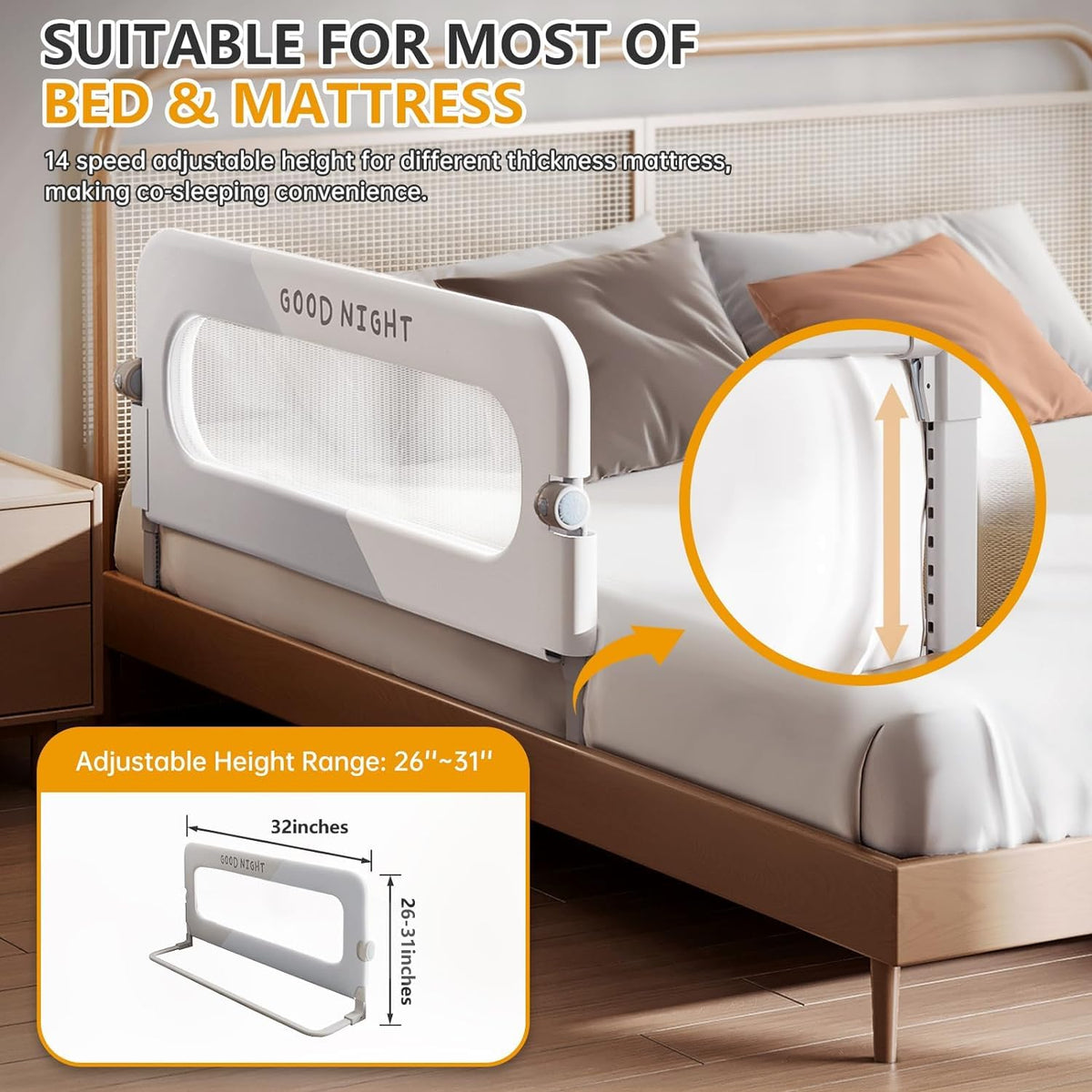 Moppets Bed Rails for Baby Safety/Bed Side Protactor Guard from Falling with Instant Set up, 14 Level Hight Adjustment & Easy to Fold - (1.8 Meter/ 6FT) (1) 