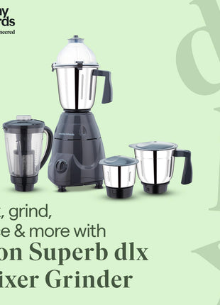 Morphy Richards Icon Superb 750 Watts Mixer Grinder| 4 Stainless Steel Mixer Jars Including Juicer Jar| 3-Speed Control With Pulse Effect Mixie| 1-Yr Warranty By Brand| Dark Grey 