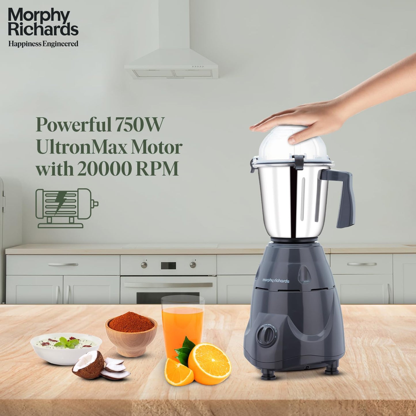 Morphy Richards Icon Superb 750 Watts Mixer Grinder| 4 Stainless Steel Mixer Jars Including Juicer Jar| 3-Speed Control With Pulse Effect Mixie| 1-Yr Warranty By Brand| Dark Grey 