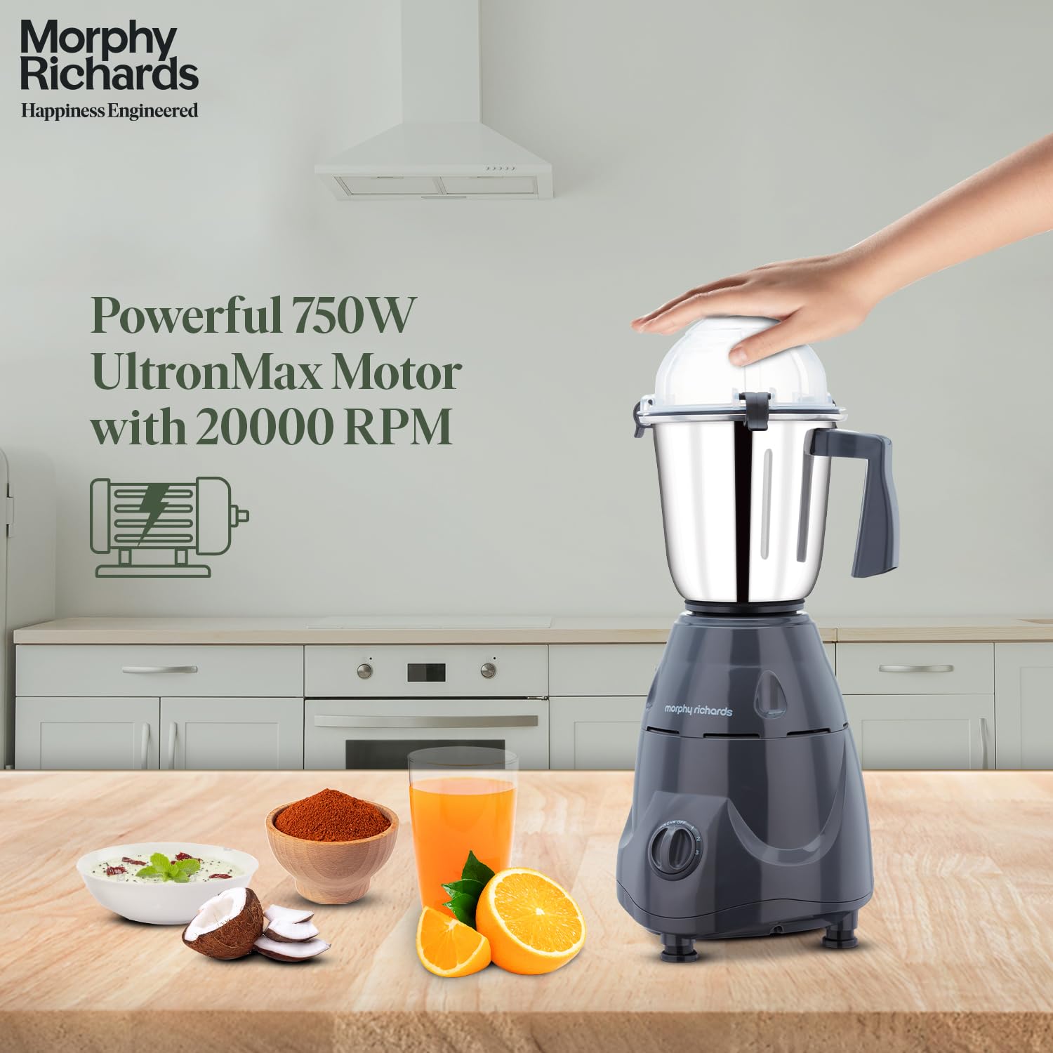 Morphy Richards Icon Superb 750 Watts Mixer Grinder| 4 Stainless Steel Mixer Jars Including Juicer Jar| 3-Speed Control With Pulse Effect Mixie| 1-Yr Warranty By Brand| Dark Grey 