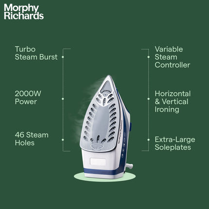 Morphy Richards Super Glide 2000 Watts Steam Iron With Steam Burst, Vertical And Horizontal Ironing, Ceramic Coated Soleplate, Blue 