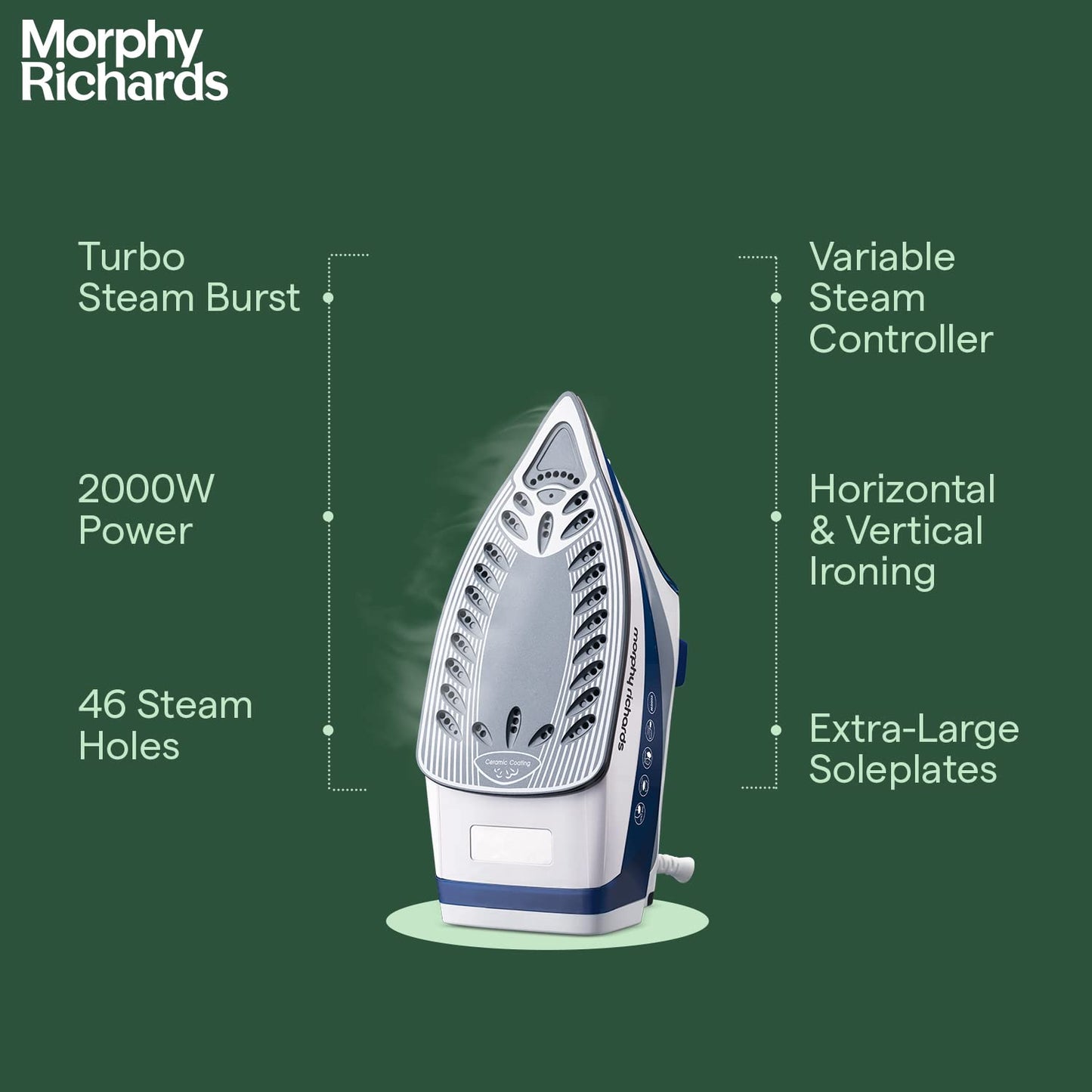 Morphy Richards Super Glide 2000 Watts Steam Iron With Steam Burst, Vertical And Horizontal Ironing, Ceramic Coated Soleplate, Blue 
