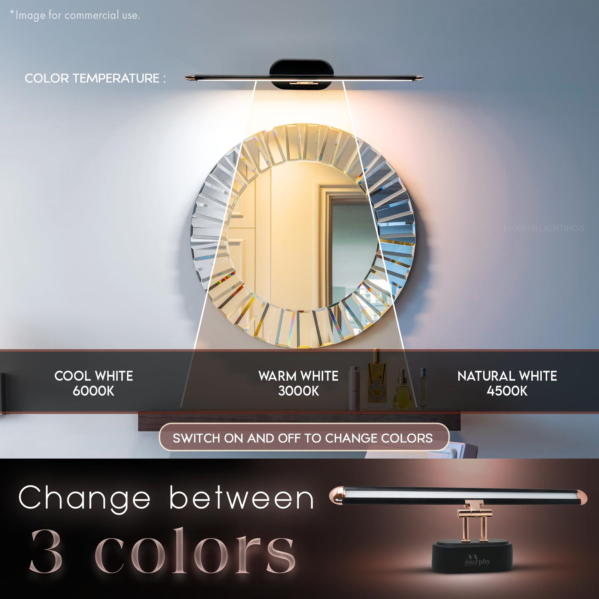 Murphy 12W 3-in-1 Color Chnaging Black Rose Gold Finish LED Mirror Picture Wall Light,Bathroom Vanity Led Mirror Light with 2 Year Warranty (Cool White/Warm White/Natural White)-Pack of 1 