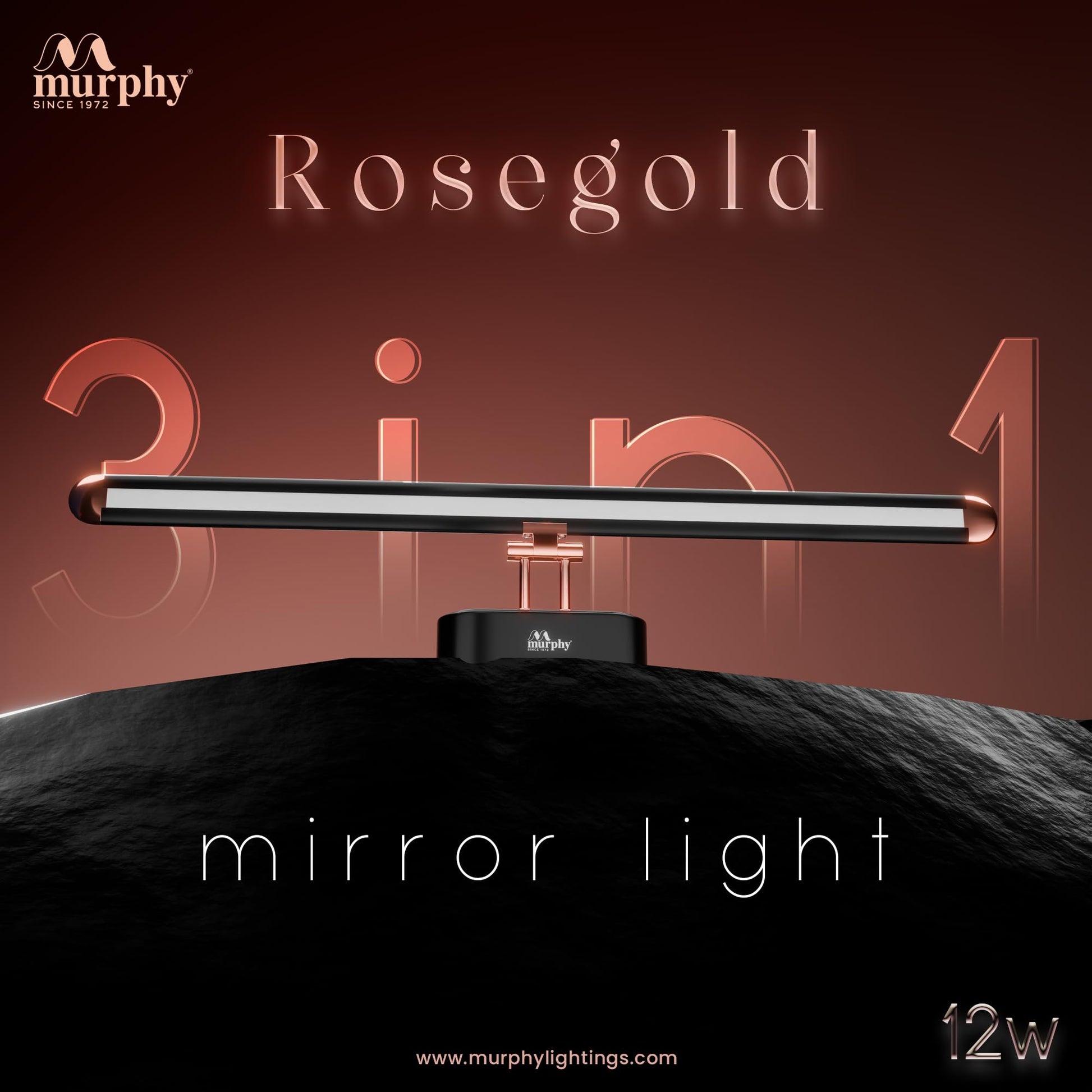 Murphy 12W 3-in-1 Color Chnaging Black Rose Gold Finish LED Mirror Picture Wall Light,Bathroom Vanity Led Mirror Light with 2 Year Warranty (Cool White/Warm White/Natural White)-Pack of 1 
