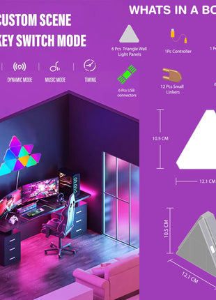 NADS Technologies Triangular Wall Light Panels, Smart RGBIC Lights for Gaming & Home Decor, 16 Million Colors, App Control, Music Sync (Pack of 6) 