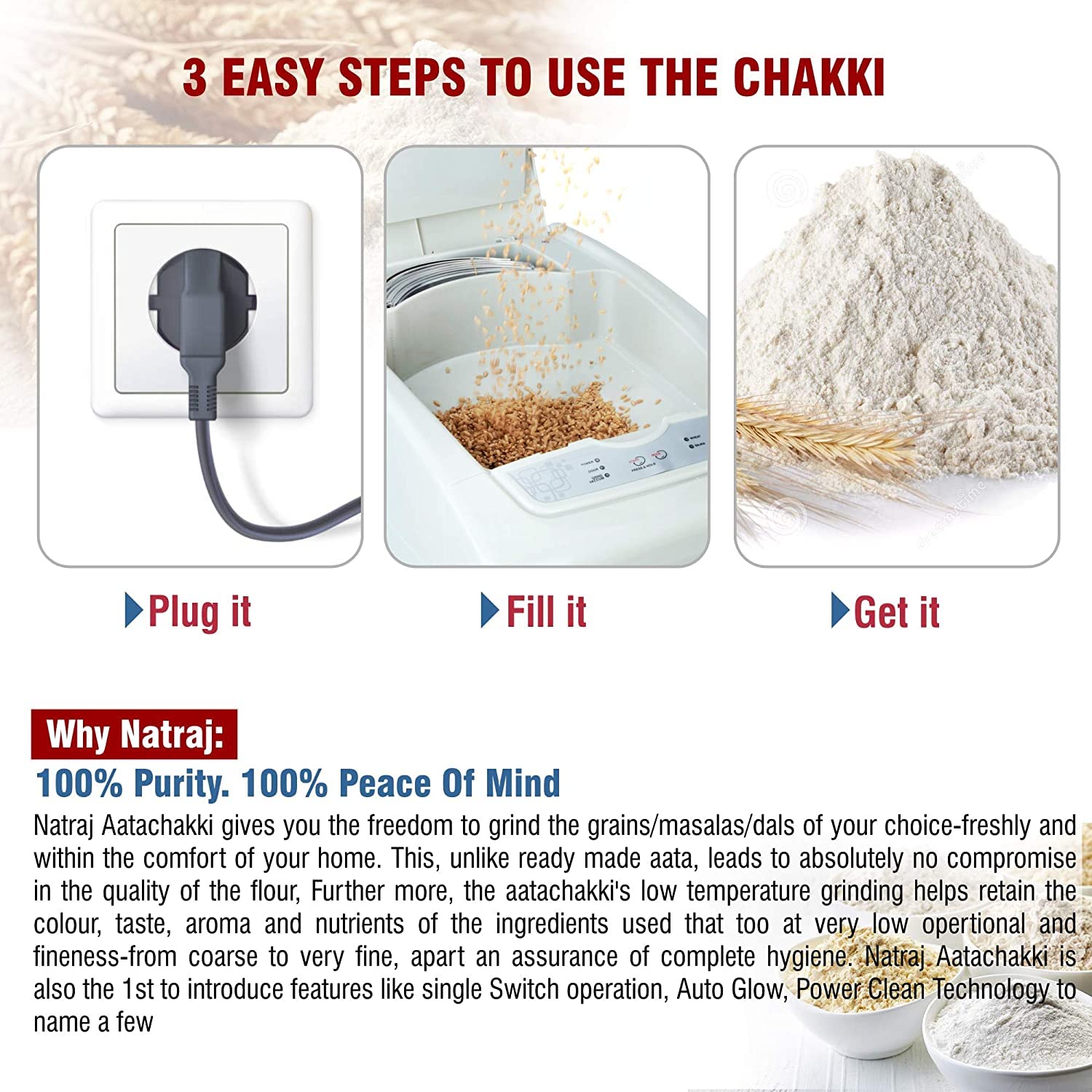 NATRAJ Punch Fully Automatic Domestic Flourmill Atta Chakki - Retains Nutrients High Capacity - 7 Sieves,1 HP Motor 7-10 Kg/Hr Grinding Capacity Aata Maker - Brown Stainless Steel 