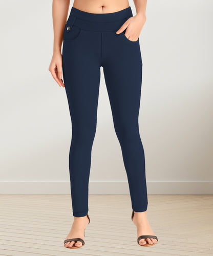 Comfortable Women's Mid-Waist Jeggings with 2 Front Pockets - Navy Blue