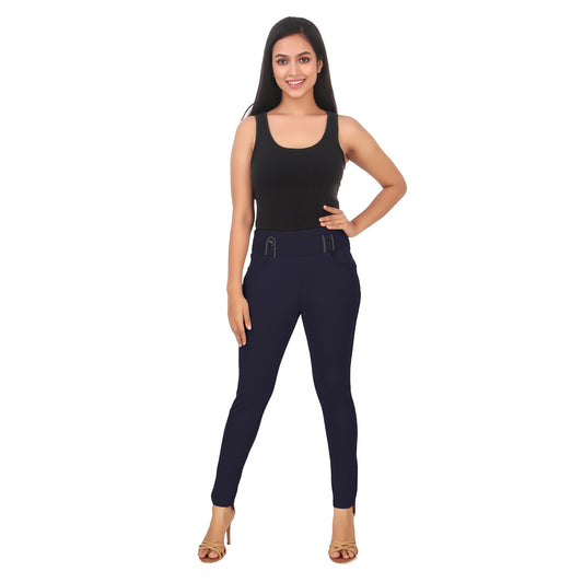 ComfortFit Women's Mid-Waist Jeggings with 2 Front Pockets - Navy Blue