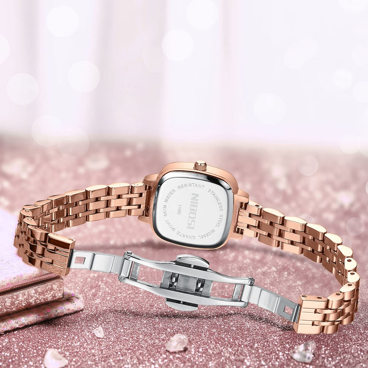 NIBOSI Women Watches Analog Rose Gold Square Dial and Band Women's Stainless Steel Watch for Girls&Miss&Ladies Diamond Studded with Stylish Watches Waterproof 