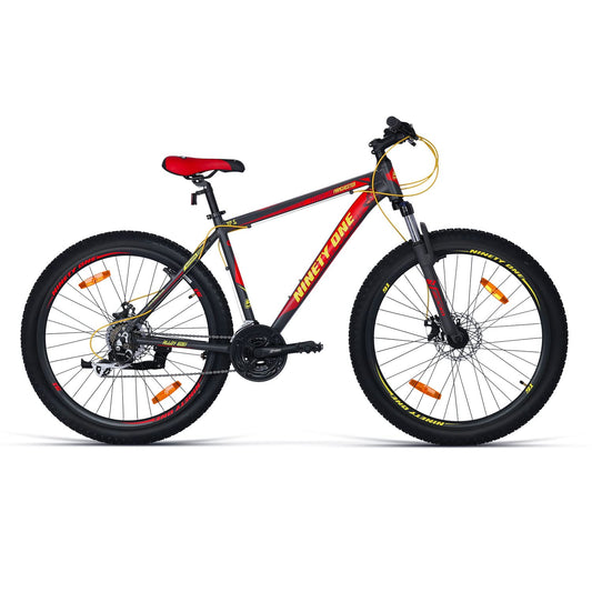 NINETY ONE Limited Edition Manchester 27.5T 21 Speed Shimano ACERA Gears Alloy Bike with Dual Disc Brake Hybrid Bike (Black and Red, 12+ Years, 27.5 x 2.2, 18.5 Inches Frame) for Men 