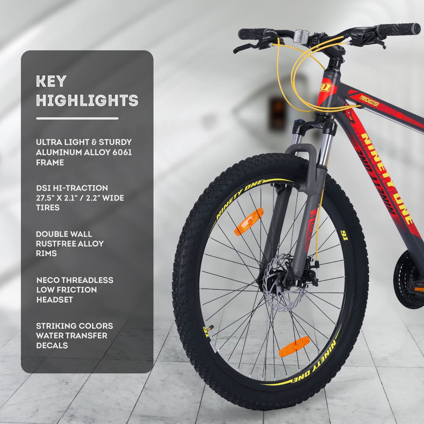 NINETY ONE Limited Edition Manchester 27.5T 21 Speed Shimano ACERA Gears Alloy Bike with Dual Disc Brake Hybrid Bike (Black and Red, 12+ Years, 27.5 x 2.2, 18.5 Inches Frame) for Men 