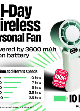 NUUK BFF Hand Fan, 13000 RPM Personal Fan With Icetouch Cooling |3600Mah USB Rechargeable Battery [Up To 10H] |Quiet Foldable Fan For Travel, Commute, Office, Makeup & Outdoor | 100-Speed Dial, Green 