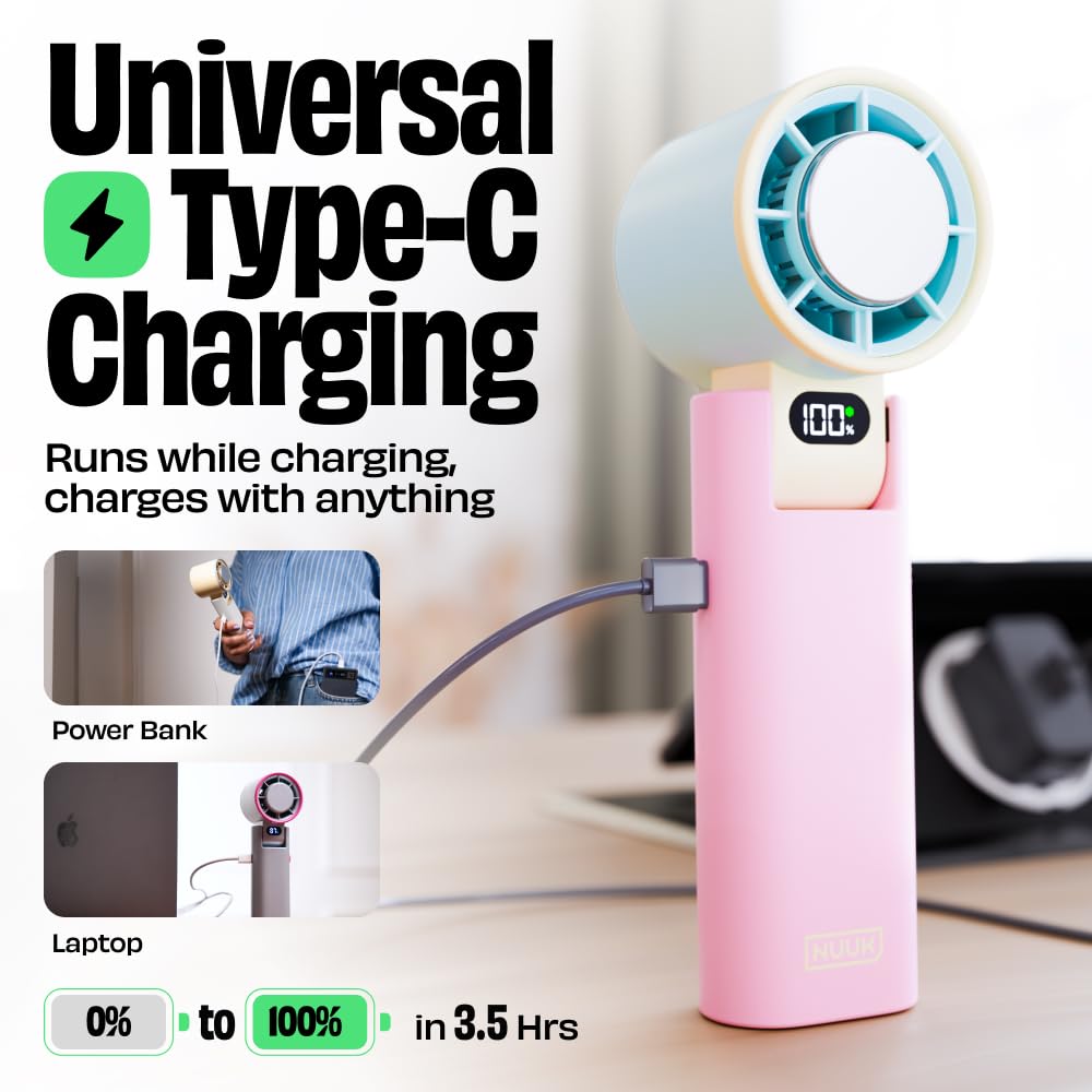 NUUK BFF Hand Fan, 13000 RPM Personal Fan with IceTouch™ Cooling | 3600mAh USB Rechargeable Battery [Up to 10H] | Quiet Foldable Fan for Travel, Commute, Office, Makeup & Outdoor | 100-Speed Dial 
