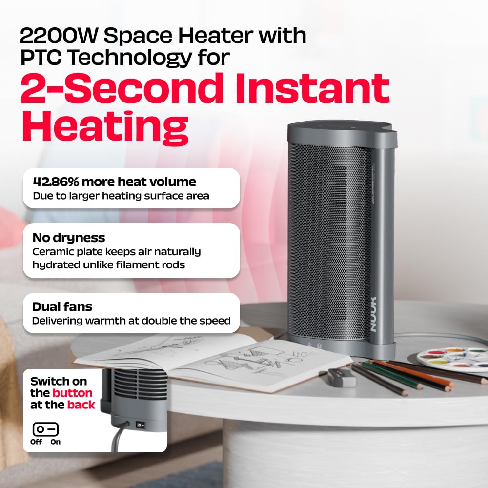 NUUK HÖT BAR 2-Sec Instant Heating PTC Heater for Room | Upto 20% Bill Savings | Zero Dryness | Super-Silent, Portable | Vertical & Horizontal Use | 2200W | Perfect Replacement for small 7/9 fin OFRs 