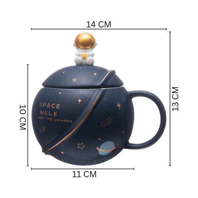 NYRWANA Coffee Mug, Rakhi Gift for Brother, Gift for Men Special Unique, Mugs for Present, Ceramic Mug, Cute Mugs, Astronaut Planet Coffee Mug with 3D Creative Space, Lid & Spoon (400ml-Dark Blue) 