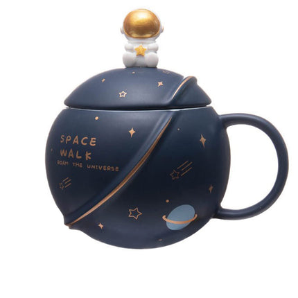 NYRWANA Coffee Mug, Rakhi Gift for Brother, Gift for Men Special Unique, Mugs for Present, Ceramic Mug, Cute Mugs, Astronaut Planet Coffee Mug with 3D Creative Space, Lid & Spoon (400ml-Dark Blue) 