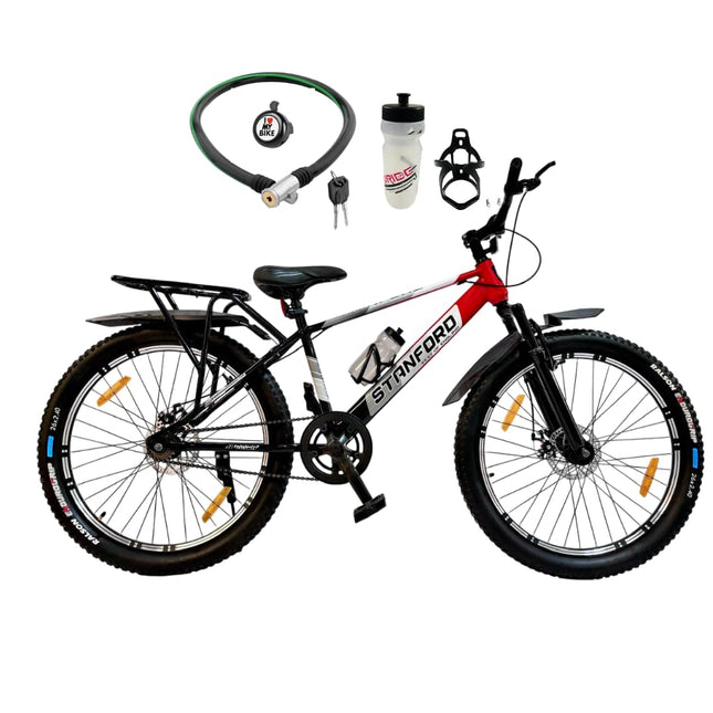 Najif Stanford Ranger 26T Bicycle | Single Speed, Dual Disc Brake, Front Shocker, Carrier, Water Bottle, Lock, Bell | Nalson Tire2.40 |Age 13+Years | Men Women Boys | Multicolor 