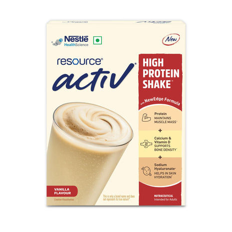 Nestlé Resource Active, High Protein Shake with New Edge Formula, Vanilla Flavour, Strengthens Muscles, Bones, Immune System, Improves Skin 400g Bag-in-box pack 