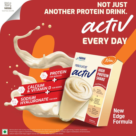 Nestlé Resource Active, High Protein Shake with New Edge Formula, Vanilla Flavour, Strengthens Muscles, Bones, Immune System, Improves Skin 400g Bag-in-box pack 