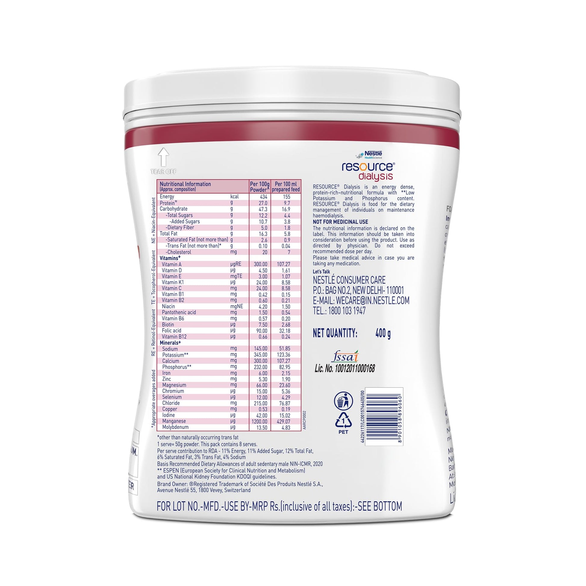 Nestle Health Science,RESOURCE, Dialysis, Food For Dietary Management, Vanilla Flavour, 400g, Pet Jar 