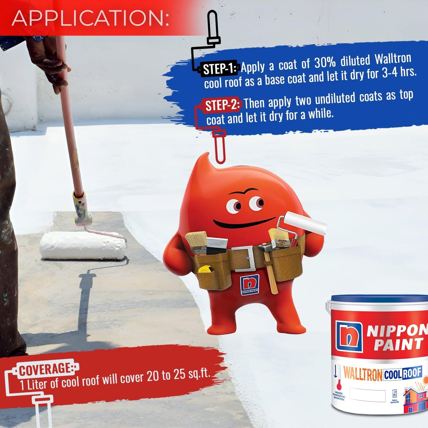 Nippon Paint Walltron- Summer Cool Roof | 30% Extra | 13 Kg |10 Litre | Solar Reflective Roof Coating | Heat Resistance Paint | High Sri (13Kg ~10 Litres), White 