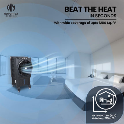 Novamax Rambo Jr. 75 L Desert Air Cooler With Honeycomb Cooling Pads, Powerful Air Throw, 3-Speed Control & Auto Swing Dust Filter & Mosquito Net, Inverter Compatible For Home/Office (Grey) 