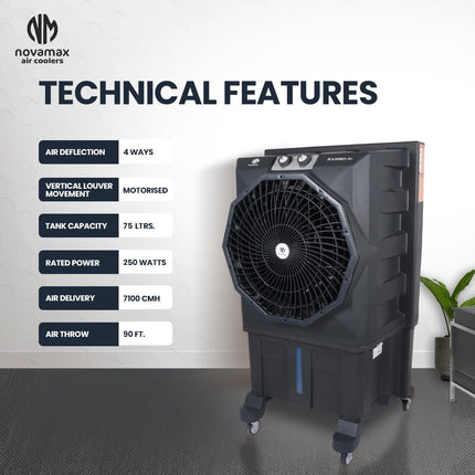 Novamax Rambo Jr. 75 L Desert Air Cooler With Honeycomb Cooling Pads, Powerful Air Throw, 3-Speed Control & Auto Swing Dust Filter & Mosquito Net, Inverter Compatible For Home/Office (Grey) 