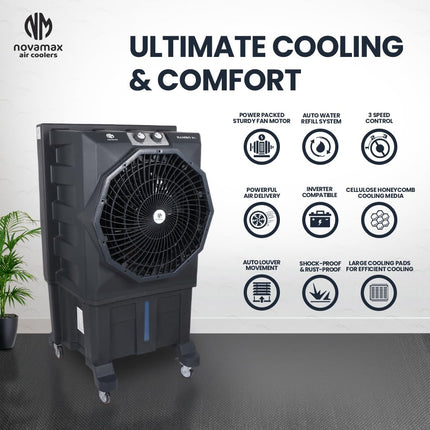 Novamax Rambo Jr. 75 L Desert Air Cooler With Honeycomb Cooling Pads, Powerful Air Throw, 3-Speed Control & Auto Swing Dust Filter & Mosquito Net, Inverter Compatible For Home/Office (Grey) 