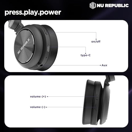 Nu Republic Starboy with 54 Hour Playtime,X-Bass® Technology,40mm Neodymium Drivers,Gaming Mode,Bluetooth V5.4,Dual Pairing,Dual Stereo,Type-C Fast Charging ENC Bluetooth Over Ear Headphones (Black) 
