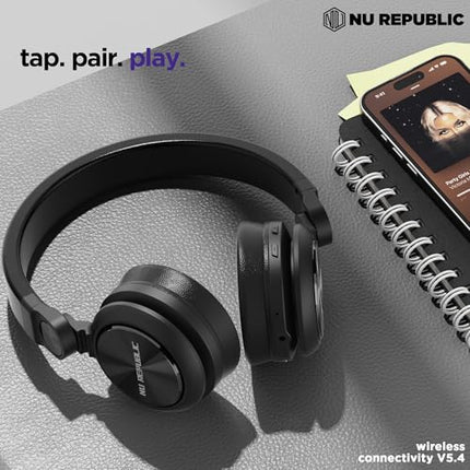 Nu Republic Starboy with 54 Hour Playtime,X-Bass® Technology,40mm Neodymium Drivers,Gaming Mode,Bluetooth V5.4,Dual Pairing,Dual Stereo,Type-C Fast Charging ENC Bluetooth Over Ear Headphones (Black) 