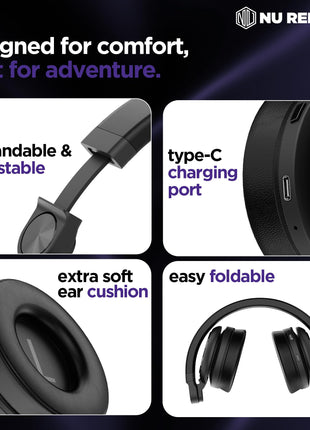 Nu Republic Starboy with 54 Hour Playtime,X-Bass® Technology,40mm Neodymium Drivers,Gaming Mode,Bluetooth V5.4,Dual Pairing,Dual Stereo,Type-C Fast Charging ENC Bluetooth Over Ear Headphones (Black) 