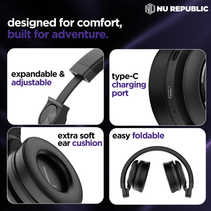 Nu Republic Starboy with 54 Hour Playtime,X-Bass® Technology,40mm Neodymium Drivers,Gaming Mode,Bluetooth V5.4,Dual Pairing,Dual Stereo,Type-C Fast Charging ENC Bluetooth Over Ear Headphones (Black) 