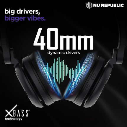 Nu Republic Starboy with 54 Hour Playtime,X-Bass® Technology,40mm Neodymium Drivers,Gaming Mode,Bluetooth V5.4,Dual Pairing,Dual Stereo,Type-C Fast Charging ENC Bluetooth Over Ear Headphones (Black) 