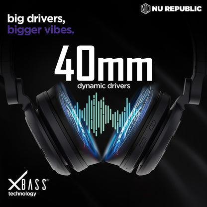 Nu Republic Starboy with 54 Hour Playtime,X-Bass® Technology,40mm Neodymium Drivers,Gaming Mode,Bluetooth V5.4,Dual Pairing,Dual Stereo,Type-C Fast Charging ENC Bluetooth Over Ear Headphones (Black) 