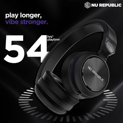 Nu Republic Starboy with 54 Hour Playtime,X-Bass® Technology,40mm Neodymium Drivers,Gaming Mode,Bluetooth V5.4,Dual Pairing,Dual Stereo,Type-C Fast Charging ENC Bluetooth Over Ear Headphones (Black) 
