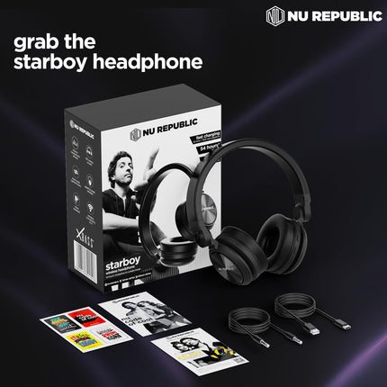 Nu Republic Starboy with 54 Hour Playtime,X-Bass® Technology,40mm Neodymium Drivers,Gaming Mode,Bluetooth V5.4,Dual Pairing,Dual Stereo,Type-C Fast Charging ENC Bluetooth Over Ear Headphones (Black) 