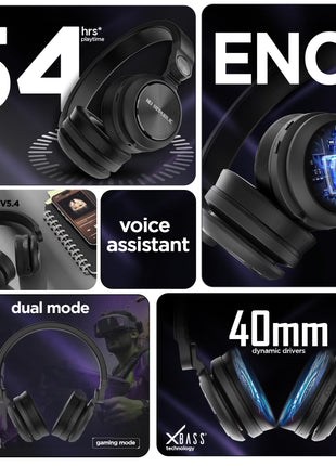 Nu Republic Starboy with 54 Hour Playtime,X-Bass® Technology,40mm Neodymium Drivers,Gaming Mode,Bluetooth V5.4,Dual Pairing,Dual Stereo,Type-C Fast Charging ENC Bluetooth Over Ear Headphones (Black) 