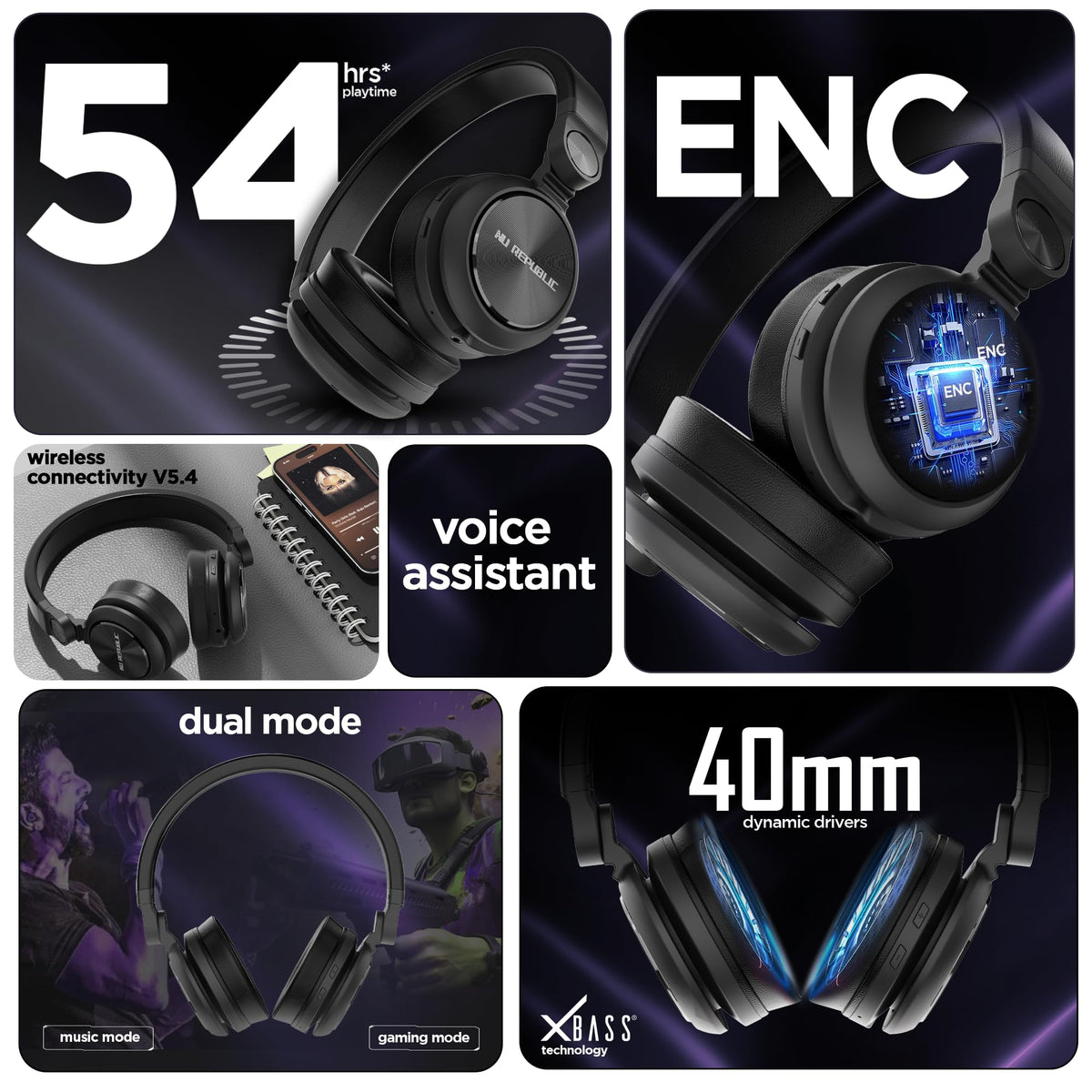 Nu Republic Starboy with 54 Hour Playtime,X-Bass® Technology,40mm Neodymium Drivers,Gaming Mode,Bluetooth V5.4,Dual Pairing,Dual Stereo,Type-C Fast Charging ENC Bluetooth Over Ear Headphones (Black) 