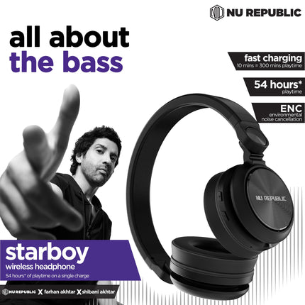 Nu Republic Starboy with 54 Hour Playtime,X-Bass® Technology,40mm Neodymium Drivers,Gaming Mode,Bluetooth V5.4,Dual Pairing,Dual Stereo,Type-C Fast Charging ENC Bluetooth Over Ear Headphones (Black) 