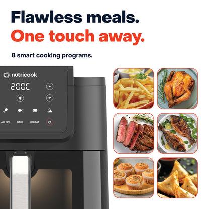 Nutricook 7.6 Litre Air Fryer Slim XL, 2025 New Launch, Clear Window & Interior Light, Extra Large Basket, Space-Saving Slim Design, Air Fry, Bake, Reheat, with 5 Preset, 1700W, 2 Year Warranty 