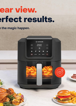 Nutricook 7.6 Litre Air Fryer Slim XL, 2025 New Launch, Clear Window & Interior Light, Extra Large Basket, Space-Saving Slim Design, Air Fry, Bake, Reheat, with 5 Preset, 1700W, 2 Year Warranty 