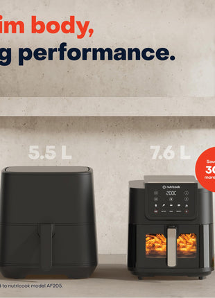 Nutricook 7.6 Litre Air Fryer Slim XL, 2025 New Launch, Clear Window & Interior Light, Extra Large Basket, Space-Saving Slim Design, Air Fry, Bake, Reheat, with 5 Preset, 1700W, 2 Year Warranty 