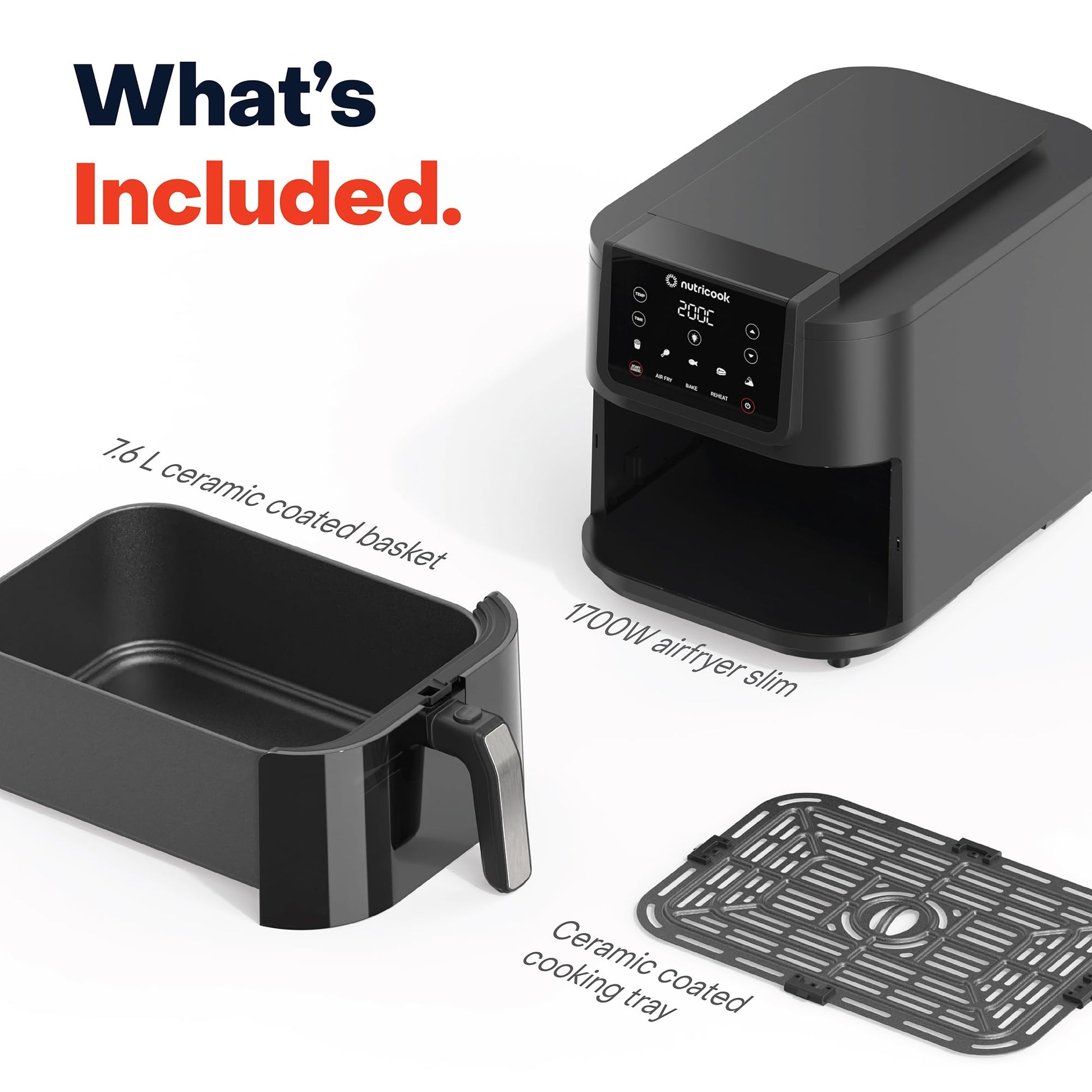 Nutricook 7.6 Litre Air Fryer Slim XL, 2025 New Launch, Clear Window & Interior Light, Extra Large Basket, Space-Saving Slim Design, Air Fry, Bake, Reheat, with 5 Preset, 1700W, 2 Year Warranty 