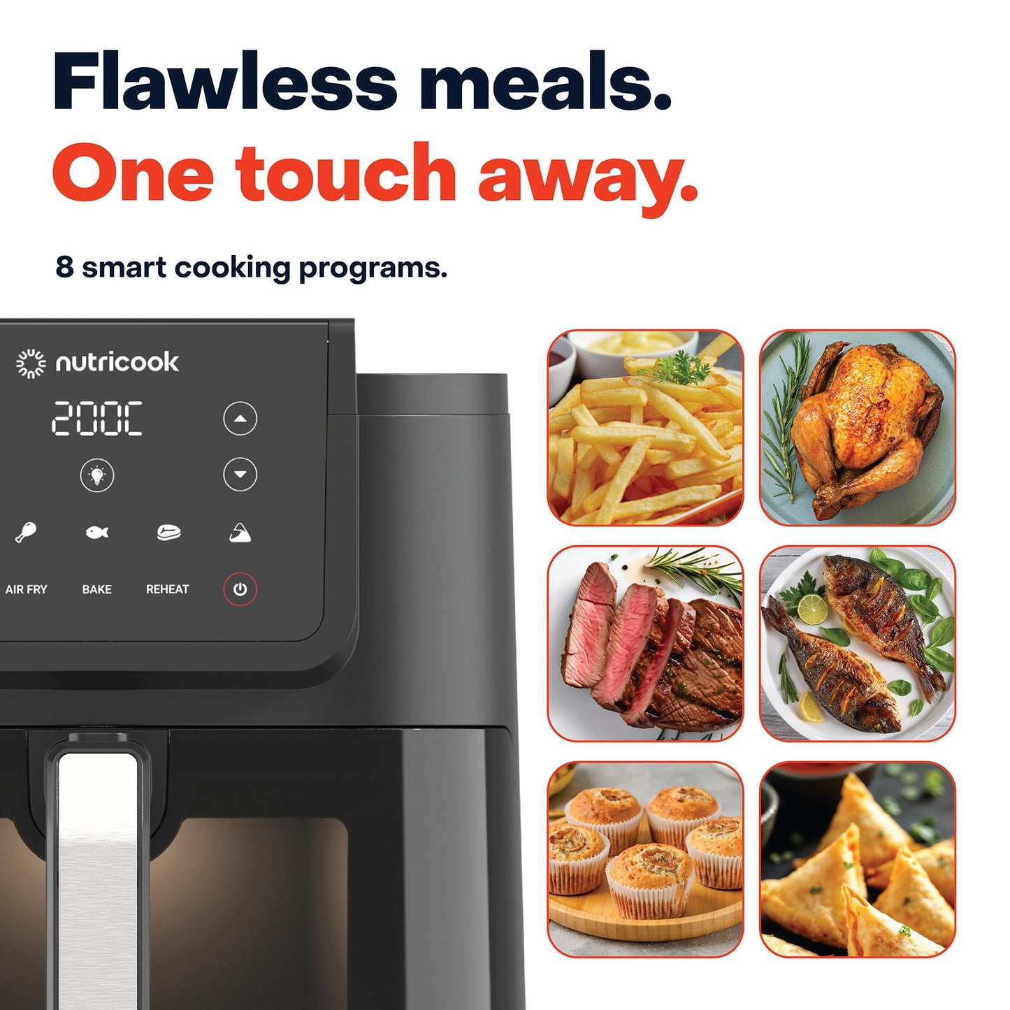 Nutricook 7.6 Litre Air Fryer Slim XL, 2025 New Launch, Clear Window & Interior Light, Extra Large Basket, Space-Saving Slim Design, Air Fry, Bake, Reheat, with 5 Preset, 1700W, 2 Year Warranty 