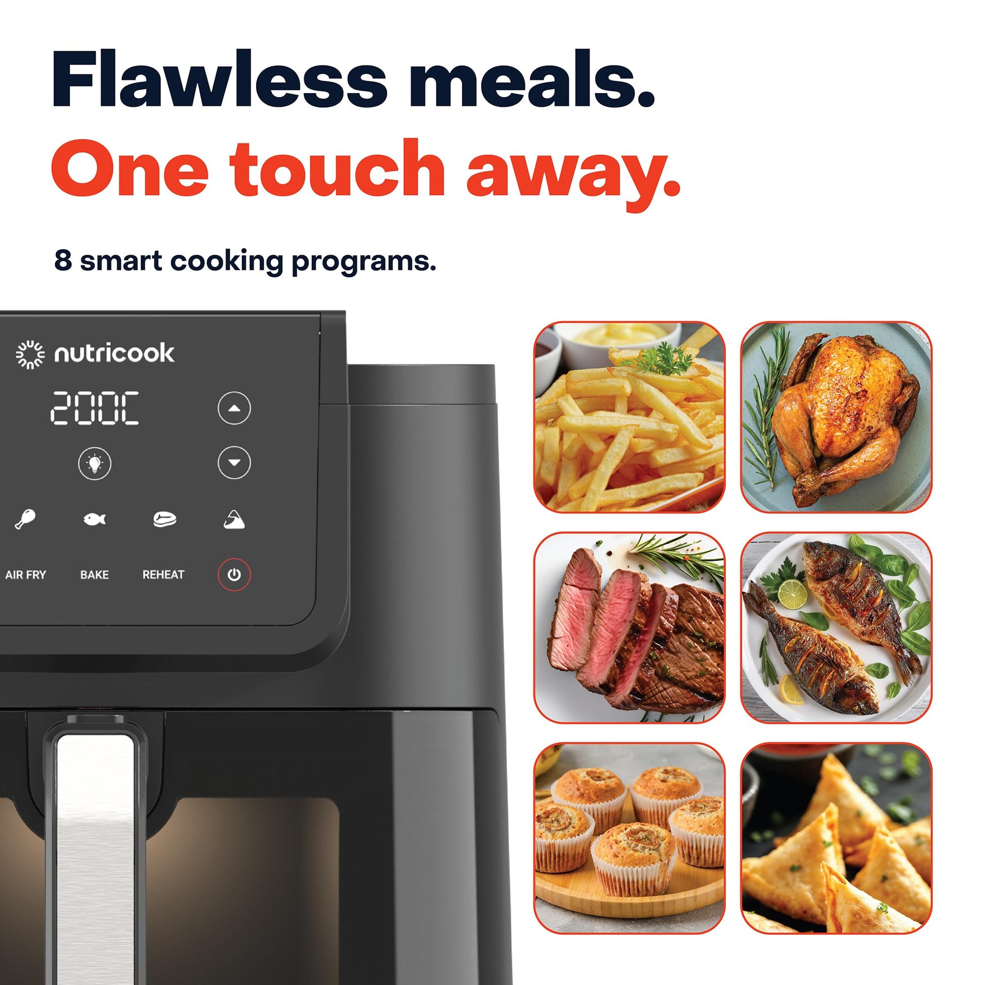 Nutricook 7.6 Litre Air Fryer Slim XL, 2025 New Launch, Clear Window & Interior Light, Extra Large Basket, Space-Saving Slim Design, Air Fry, Bake, Reheat, with 5 Preset, 1700W, 2 Year Warranty 