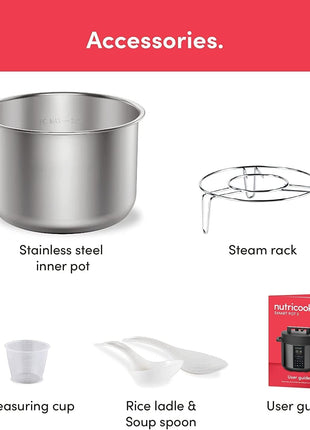 Nutricook Stainless Steel Smart Pot 2, 1000W, 9 In 1 Instant Programmable Electric Pressure Cooker, Slow Cooker, Rice Cooker, Steamer, Saute Pot, Warm Food, Smart Lid (Smart Pot 6 Litre) 