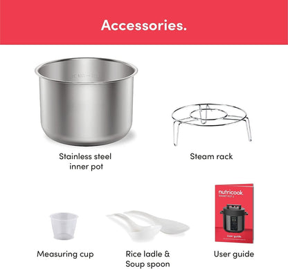 Nutricook Stainless Steel Smart Pot 2, 1000W, 9 In 1 Instant Programmable Electric Pressure Cooker, Slow Cooker, Rice Cooker, Steamer, Saute Pot, Warm Food, Smart Lid (Smart Pot 6 Litre) 