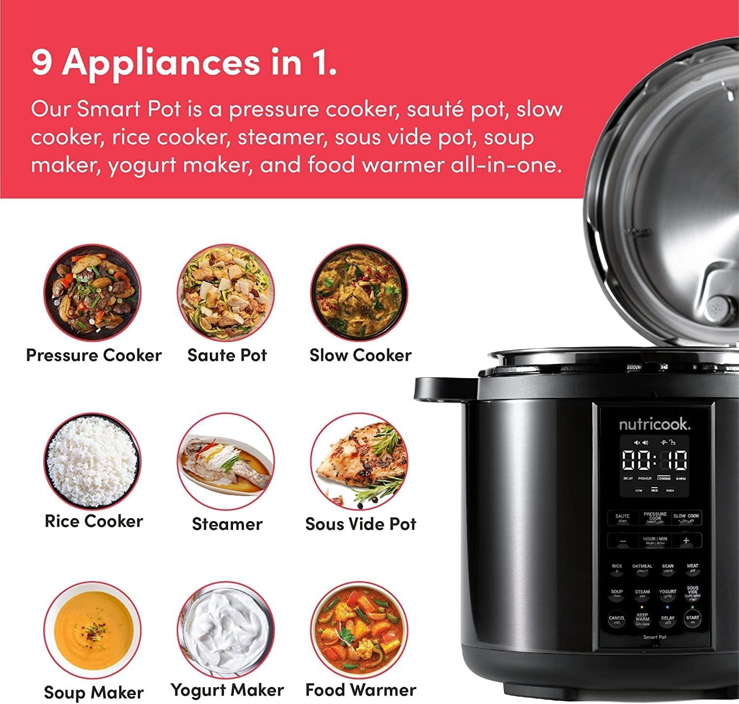 Nutricook Stainless Steel Smart Pot 2, 1000W, 9 In 1 Instant Programmable Electric Pressure Cooker, Slow Cooker, Rice Cooker, Steamer, Saute Pot, Warm Food, Smart Lid (Smart Pot 6 Litre) 