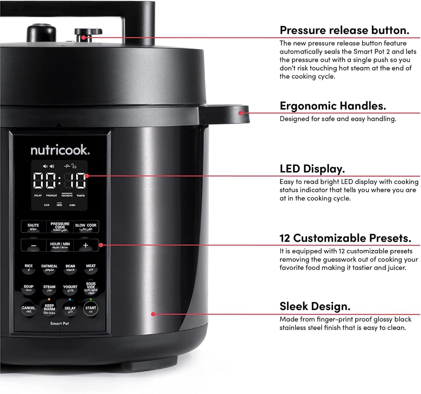 Nutricook Stainless Steel Smart Pot 2, 1000W, 9 In 1 Instant Programmable Electric Pressure Cooker, Slow Cooker, Rice Cooker, Steamer, Saute Pot, Warm Food, Smart Lid (Smart Pot 6 Litre) 