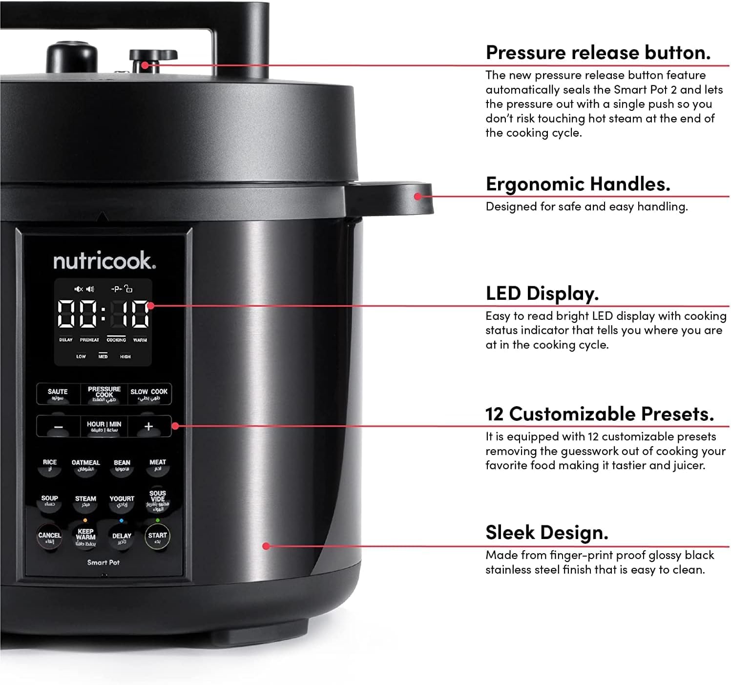 Nutricook Stainless Steel Smart Pot 2, 1000W, 9 In 1 Instant Programmable Electric Pressure Cooker, Slow Cooker, Rice Cooker, Steamer, Saute Pot, Warm Food, Smart Lid (Smart Pot 6 Litre) 